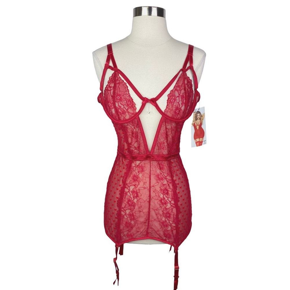 Seven ‘til Midnight Red Heart Mesh Chemise & Thong Set - Size XXL